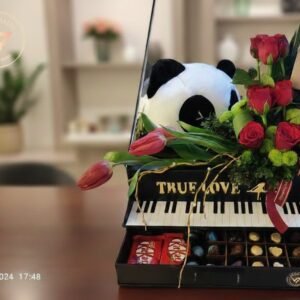 luxurious "true love" piano box: chocolate, roses & panda bouquet